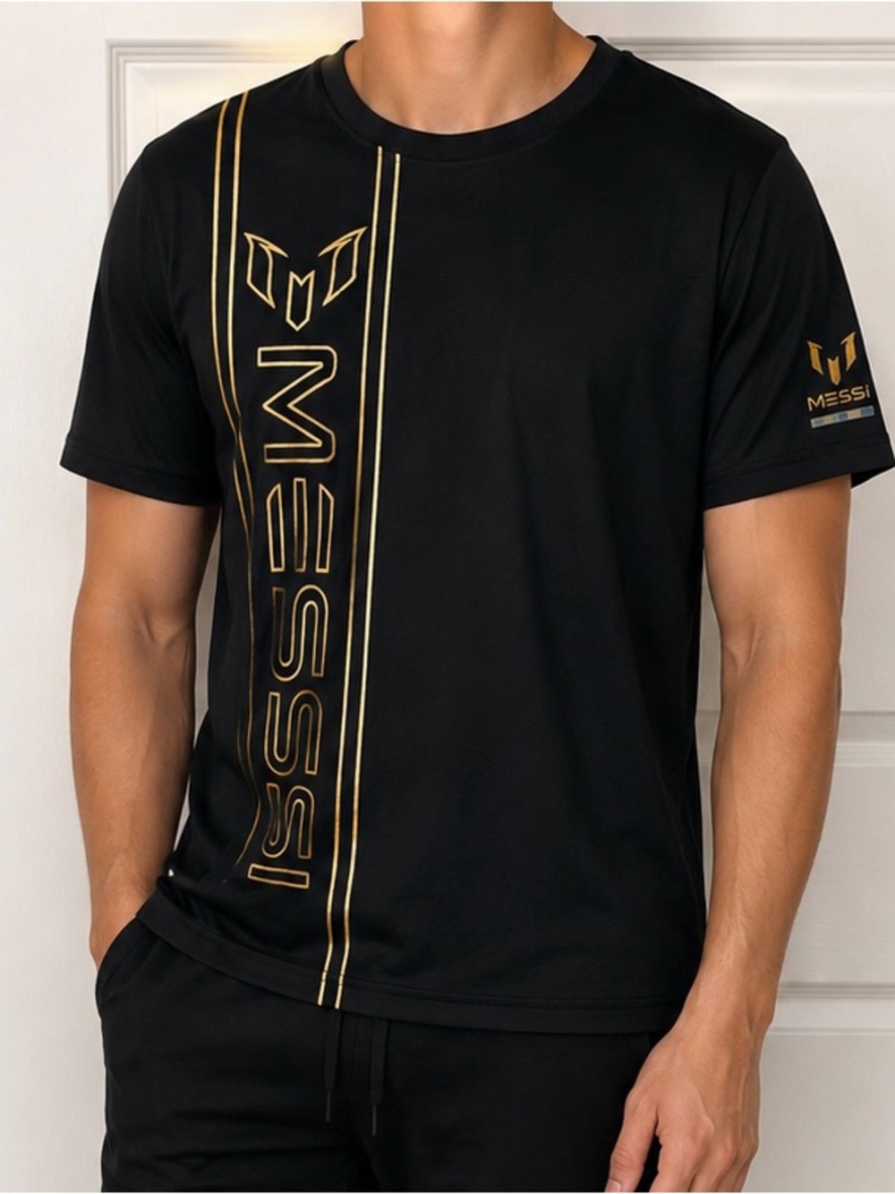 MESSI Men's Black Short Sleeve Graphic Tee with Gold Accents